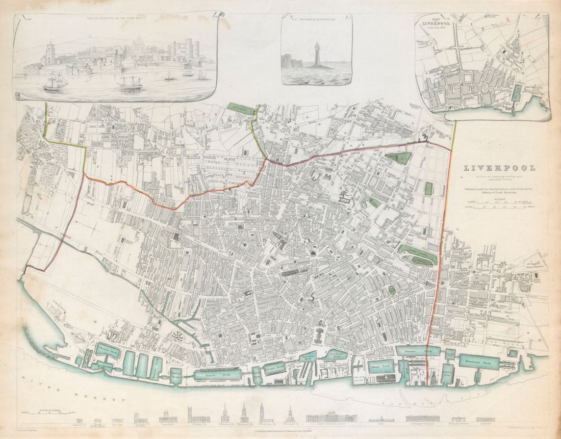 LIVERPOOL. Antique town city map.Inset view & plan in 1729. Buildings.SDUK c1844: LIVERPOOL.; inset view and plan of Liverpool in 1729'. Reduced by permission from Mr. Gage's elaborate survey; engraved by Thomas Starling. Published c1844 - This map was originally published by Baldw