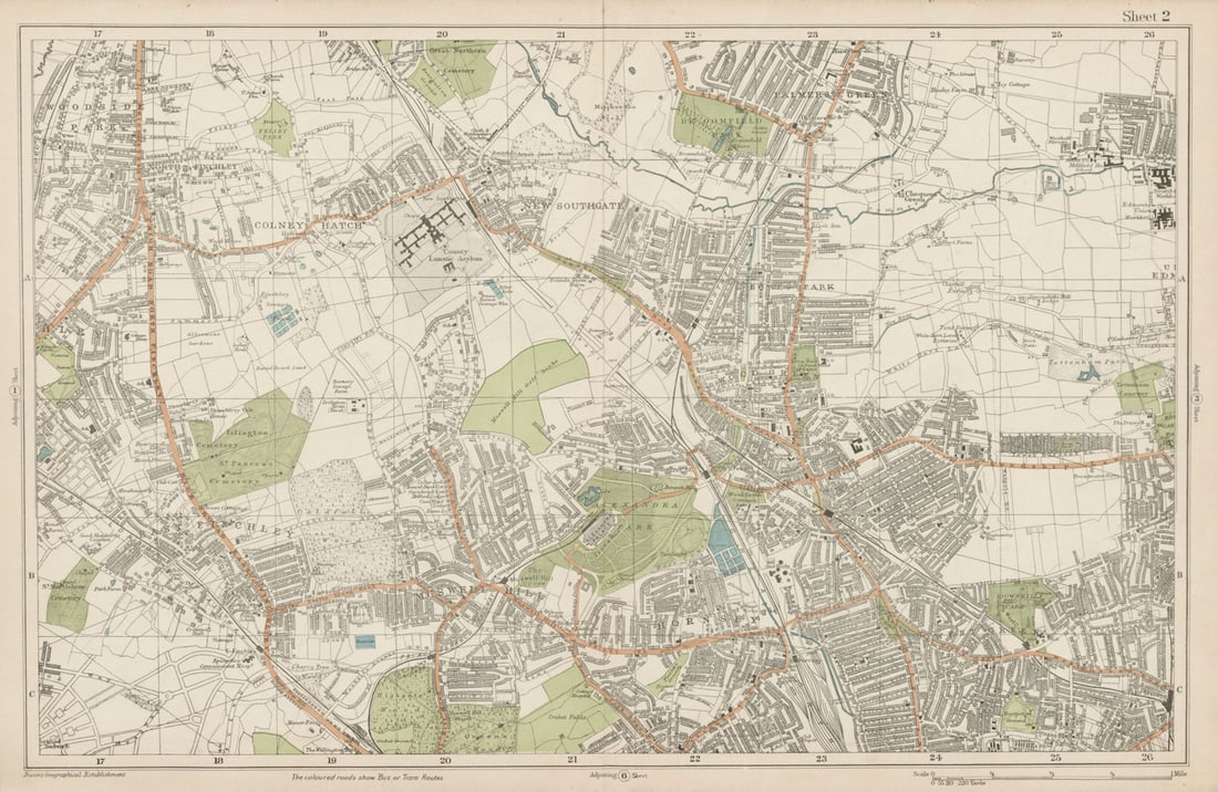 FRIERN BARNET/HORNSEY Palmers/Wood Green Southgate Muswell Hill. BACON 1919 map (1 of 1)