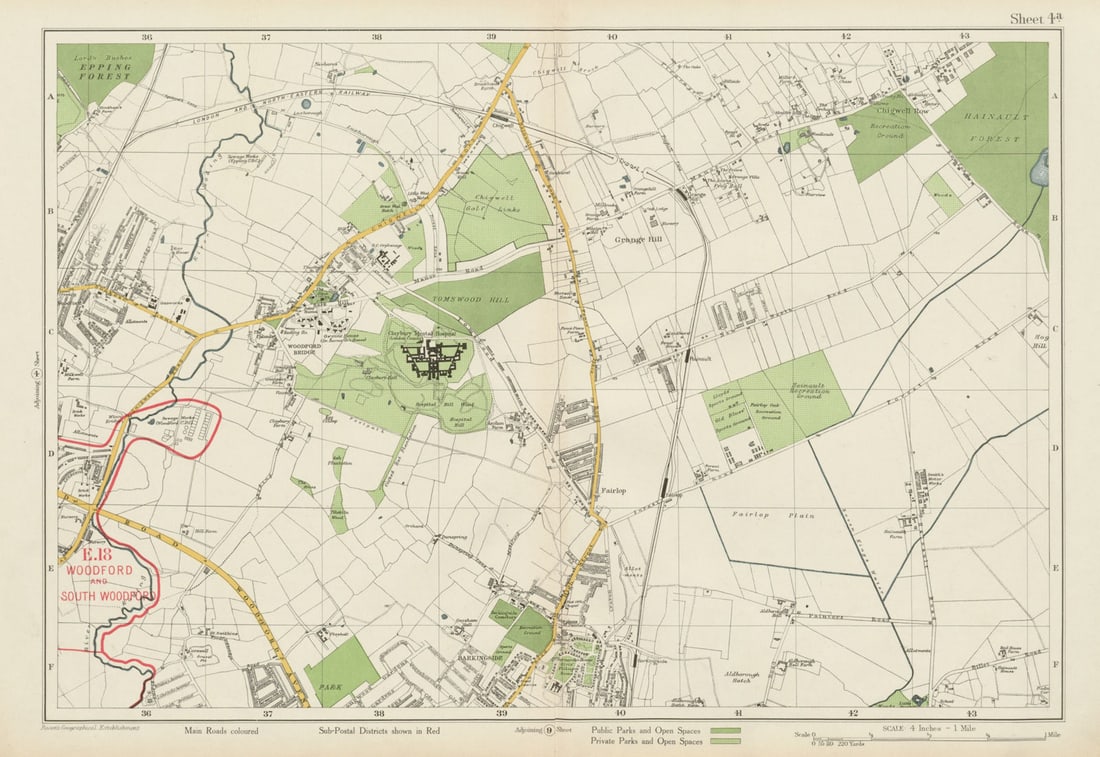 NE LONDON Woodford Bridge Chigwell Fairlop Barkingside Hainault. BACON 1934 map: Sheet 4a from Bacon's large scale atlas of London covering all or part of: E18 Woodford; IG8 Woodford Bridge; IG7 Chigwell & Grange Hill; IG6 Fairlop; RM6 Little Heath; IG2 Aldborough Hatch; IG5 B