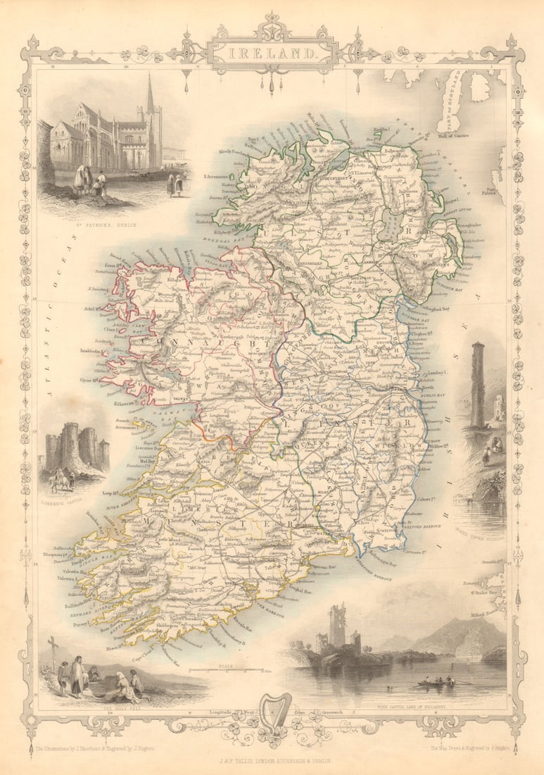 IRELAND. St Patrick's Dublin Killarney round tower views. RAPKIN/TALLIS 1851 map (1 of 1)