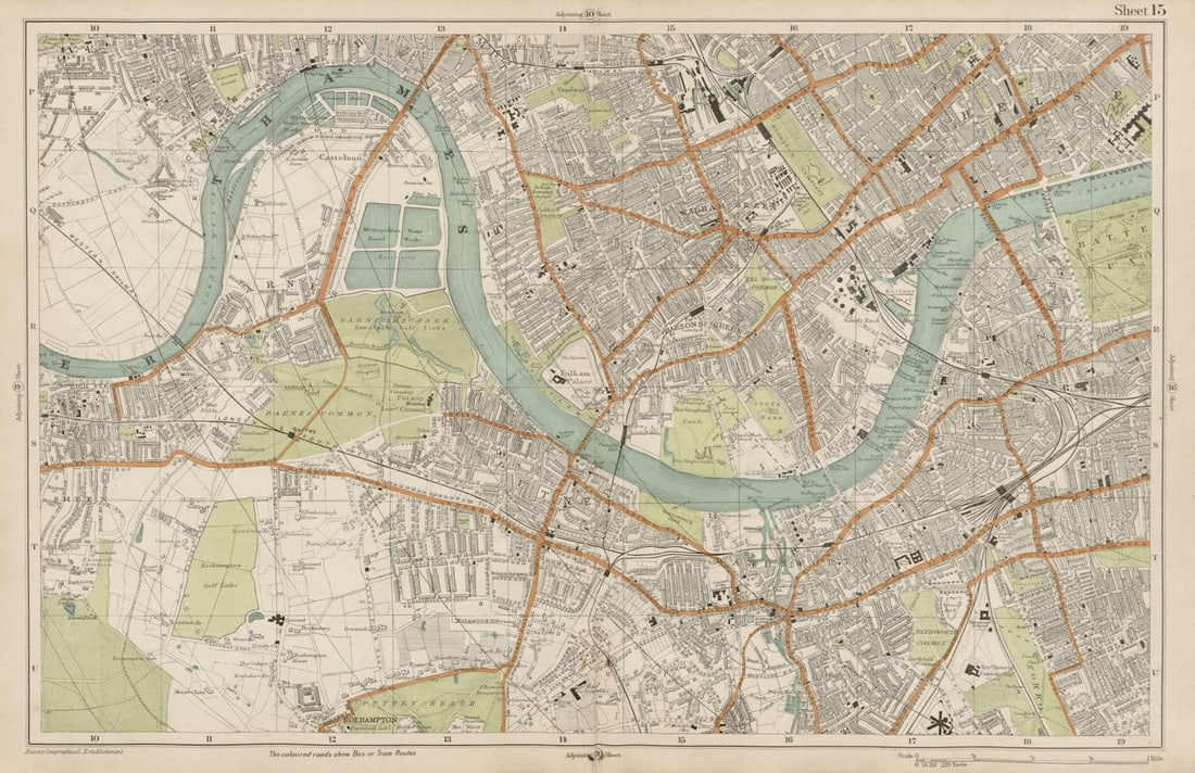LONDON Chiswick Barnes Fulham Chelsea Putney Wandsworth Clapham. BACON 1919 map (1 of 1)