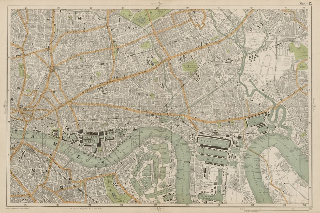 LONDON City East End Southwark Bethnal Green Docks Shoreditch. BACON 1919 map: Sheet 12 from Bacon's 1919 London street atlas covering part of East London inc. City, East End, Southwark, Bethnal Green, Docklands, Shoreditch, Poplar, Rotherhithe' by Bacon, George Washington & Co.