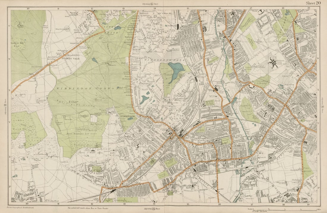 WIMBLEDON Merton Tooting Putney Heath Southfields Cottenham Park BACON 1919 map: Sheet 20 from Bacon's 1919 London street atlas covering part of South West London inc. Wimbledon, Merton, Tooting, Putney Heath, Southfields, Cottenham Park.' by Bacon, George Washington & Co. Publish