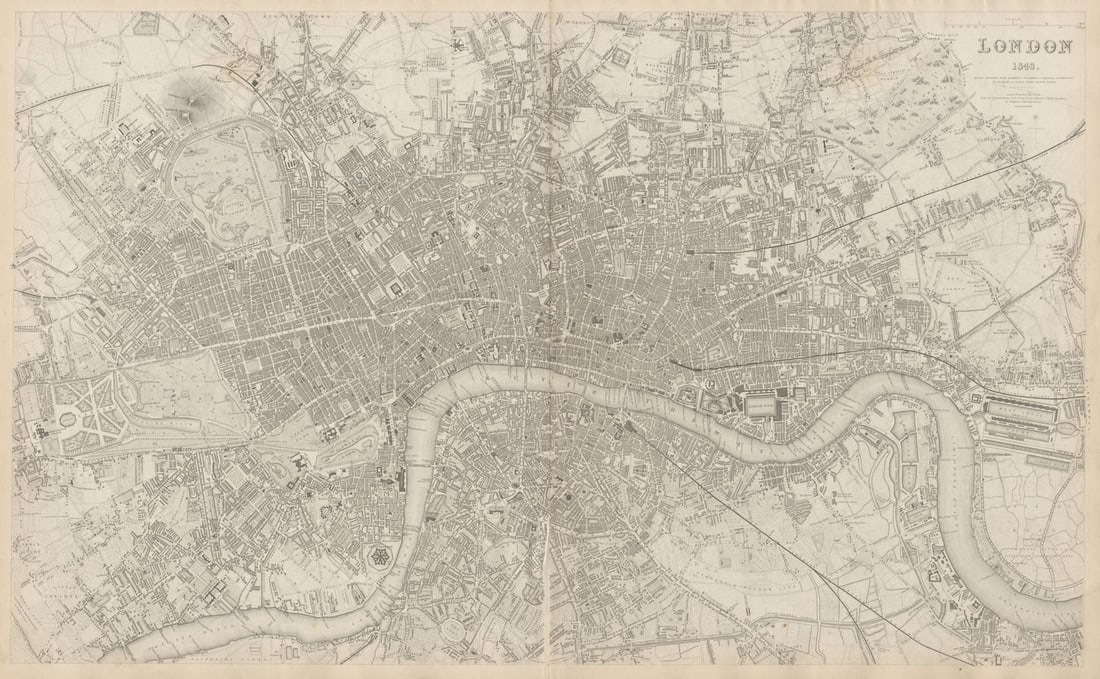 LONDON in 1843 antique town city map plan. LARGE 65x40 cm. SDUK 1844 old: LONDON 1843' by S.D.U.K. - Society for the Diffusion of Useful Knowledge. Published 1844 - This map was originally published by Chapman & Hall in 1843; this date is printed on the map. This edition of
