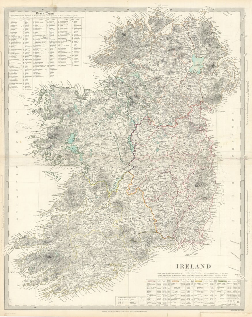 IRELAND on 2 sheets conjoined 62x50 cm. Round towers Cloigthithe. SDUK 1844 map: IRELAND' by S.D.U.K. - Society for the Diffusion of Useful Knowledge. Published 1844 - This map was originally published by The Society for the Diffusion of Useful Knowledge in 1838; this date is prin