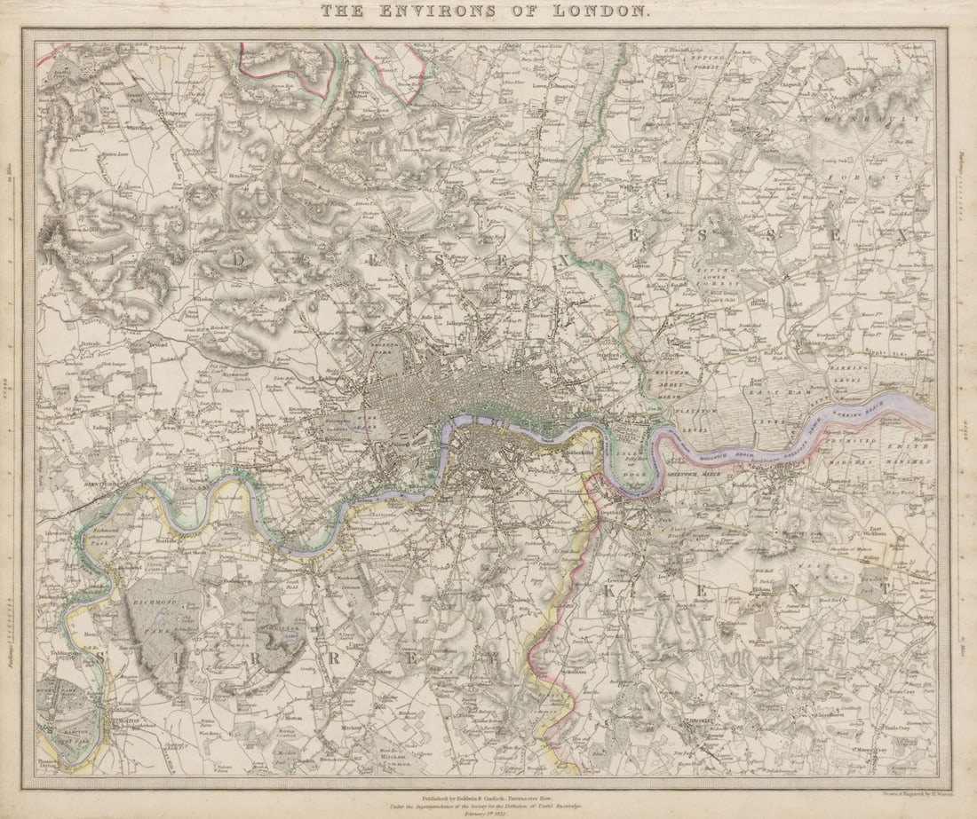 LONDON & ENVIRONS Chelsea Kensington Hammersmith Richmond villages SDUK 1844 map: THE ENVIRONS OF LONDON' by S.D.U.K. - Society for the Diffusion of Useful Knowledge. Published 1844 - This map was originally published by Baldwin & Cradock in 1832; this date is printed on the map. T