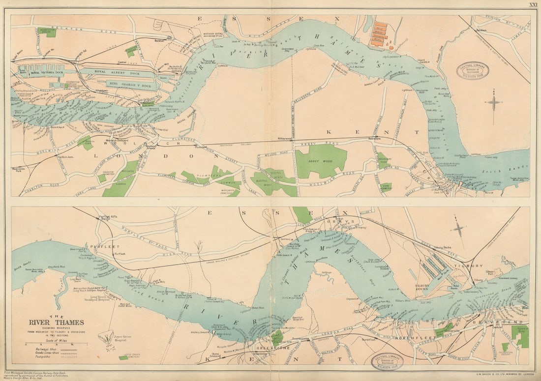 PORT OF LONDON. Wharves/docks. Thames Woolwich-Gravesend/Tilbury. BACON 1934 map: The River Thames Showing Wharves from Woolwich to Tilbury & Gravesend in two sections' by Bacon, George Washington & Co. Published 1934. Vintage colour lithographic map. Size 34 x 48 cm | 13.5 x 1