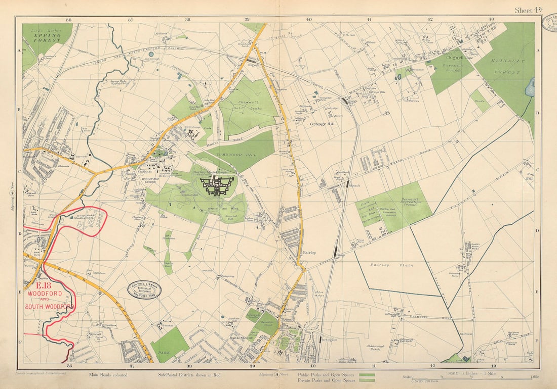 NE LONDON Woodford Bridge Fairlop Chigwell Barkingside Hainault. BACON 1934 map: Sheet 4a from Bacon's large scale atlas of London covering all or part of: E18 Woodford; IG8 Woodford Bridge; IG7 Chigwell & Grange Hill; IG6 Fairlop; RM6 Little Heath; IG2 Aldborough Hatch; IG5 B