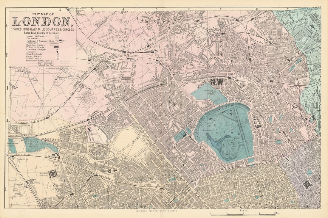 LONDON North West. St John's Wood Marylebone Camden. Town plan. BACON 1884 map (1 of 1)