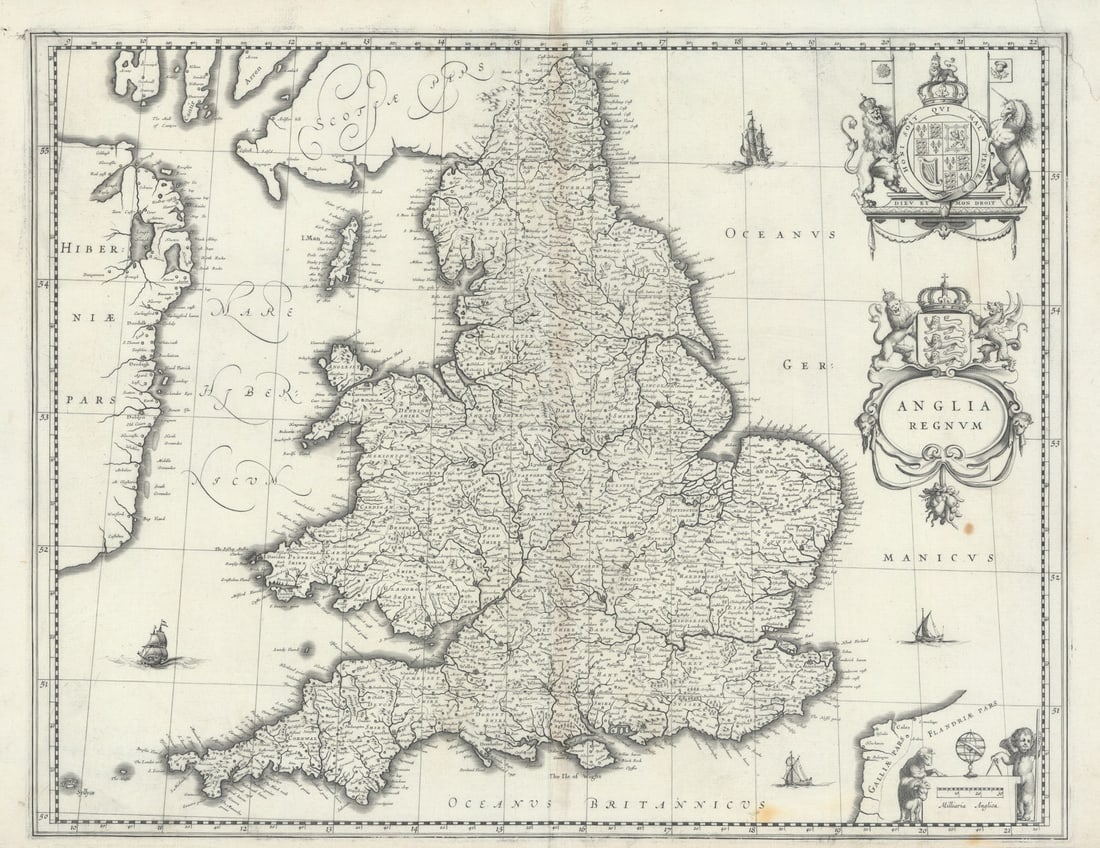 Anglia Regnum by Willem Blaeu. England & Wales 1645 old antique map plan chart: Anglia Regnum' by Blaeu, Willem. Published 1645. Antique 17th century map. Size 41 x 53 cm | 16.0 x 20.5 inches. Condition: Good; suitable for framing. Please check the scan for any blemishes prior to
