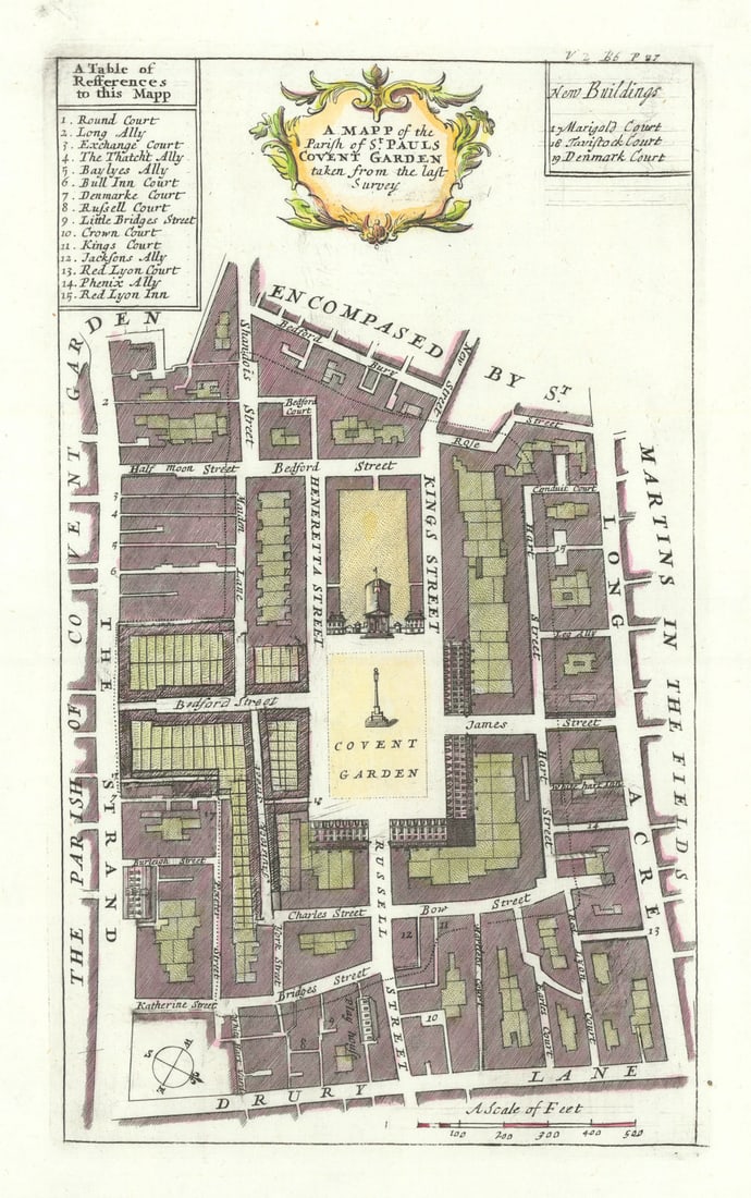 The parish of St Paul's, Covent Garden. Strand. Long Acre. STOW/STRYPE 1720 map: A mapp of the parish of St Paul's, Covent Garden'. The map shows Covent Garden, orientated towards the west. The site of Covent Garden market is in the centre. Drury Lane is at the bottom, Long Acre