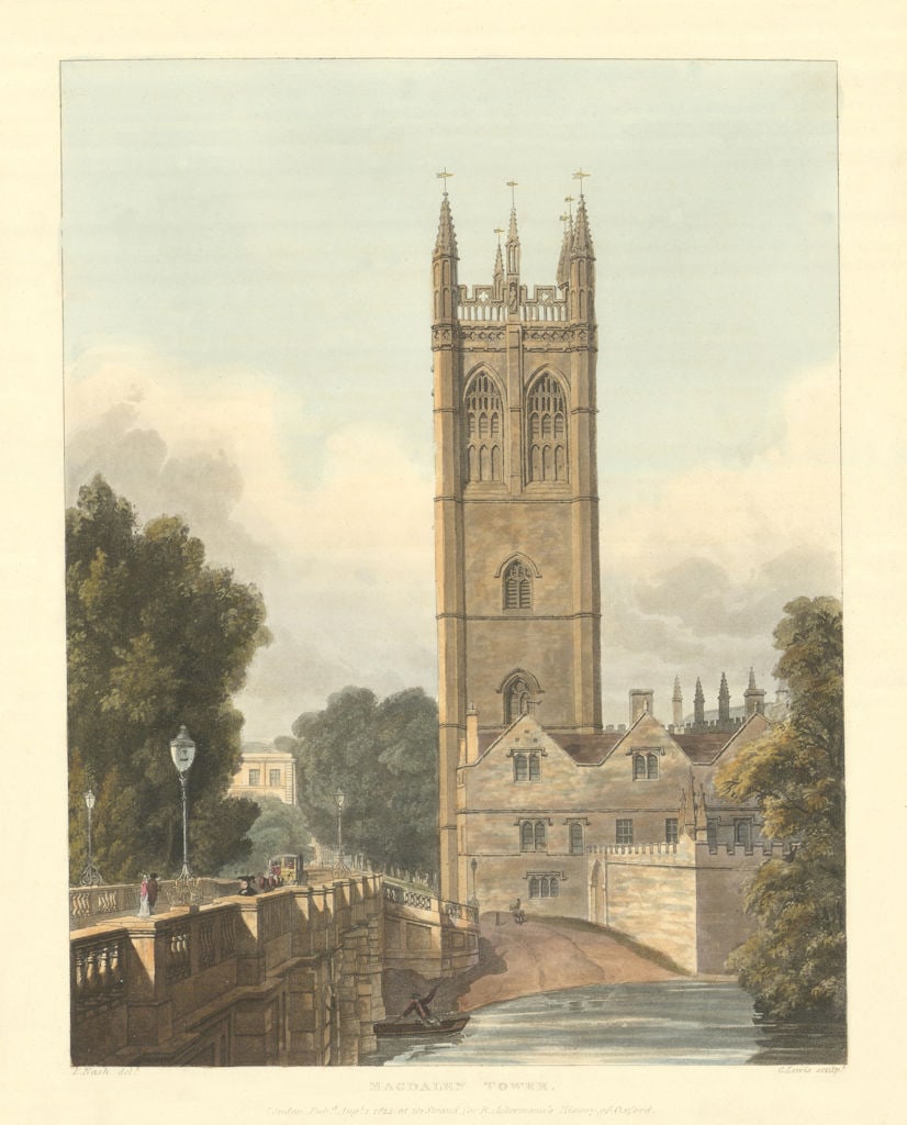 Magdalen Tower. Ackermann's Oxford University 1814 old antique print picture (1 of 1)