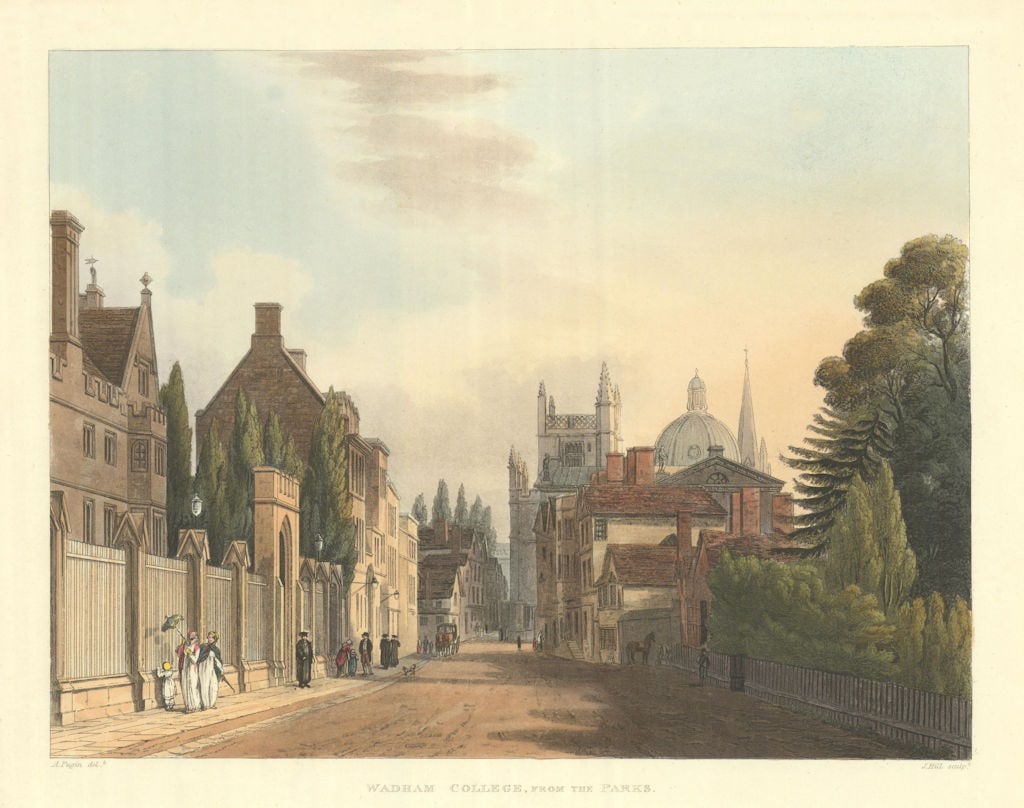 Wadham College, from the Parks. Ackermann's Oxford University 1814 old print: Wadham College, from the Parks'. Engraved by J. Hill after Augustus Pugin. Published 1814. Antique aquatint (colour) print. Size 23 x 29 cm | 9.0 x 11.5 inches. Condition: Good; suitable for framing.