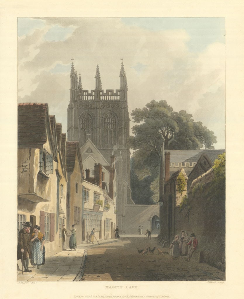 Magpie Lane. Ackermann's Oxford University 1814 old antique print picture: Magpie Lane'. Engraved by John Bluck after Augustus Pugin. Published 1814. Antique aquatint (colour) print. Size 30 x 24 cm | 11.5 x 9.5 inches. Condition: Good; suitable for framing. Please check