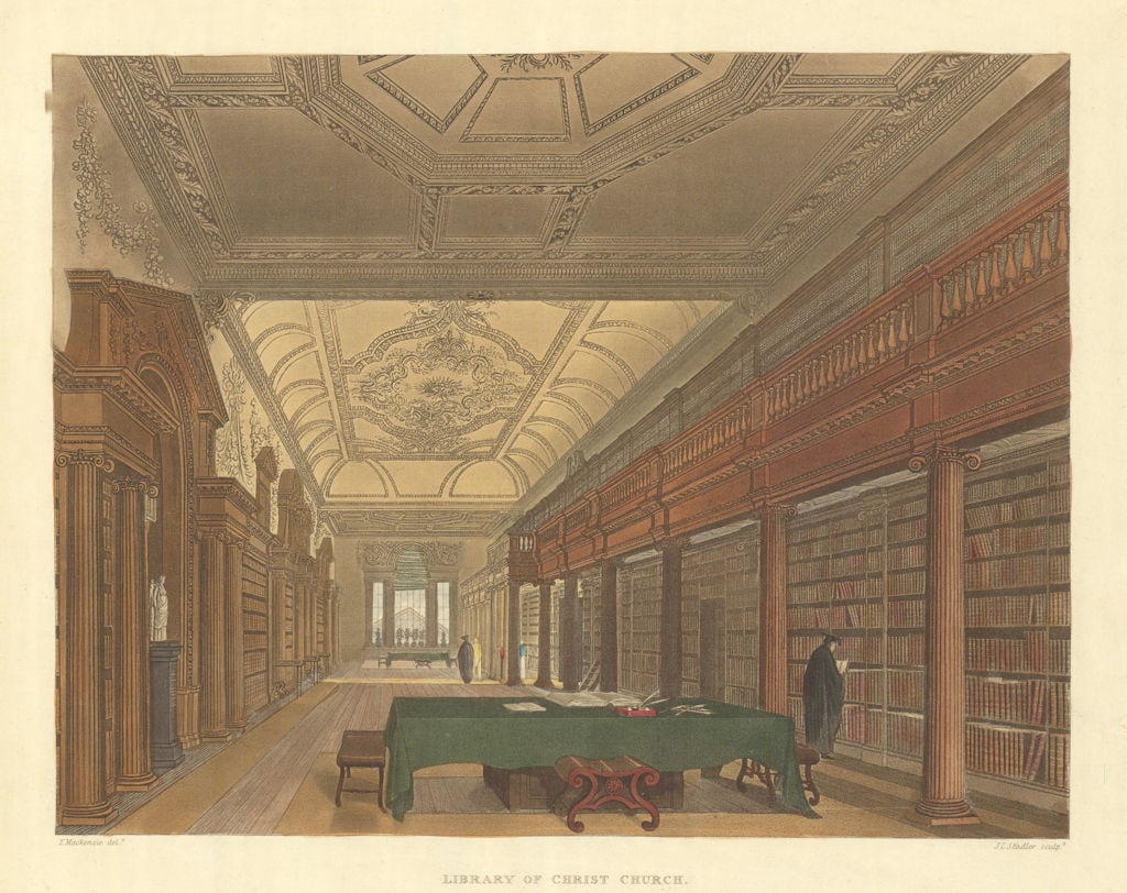 Library of Christ Church. Ackermann's Oxford University 1814 old antique print (1 of 1)