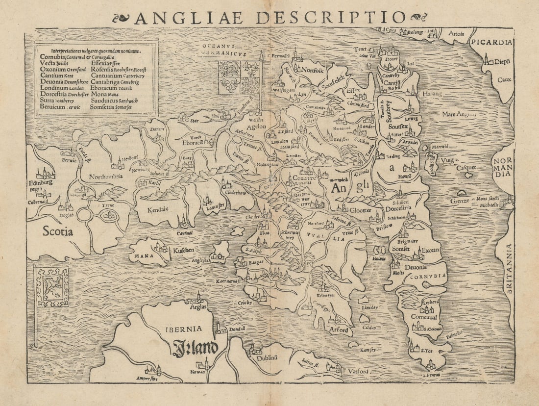 Angliae Descriptio. England, Wales & Scotland. Great Britain. MÜNSTER 1572 map: Angliae Descriptio [England, Wales and part of Scotland]. An early map of England and Wales, with part of Scotland and Ireland. A table gives a list of place names in Latin with English translations. 
