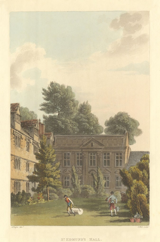 St. Edmund's Hall. Ackermann's Oxford University 1814 old antique print: St. Edmund's Hall'. Engraved by J. Hill after Augustus Pugin. Published 1814. Antique aquatint (colour) print. Size 23 x 15 cm | 9.0 x 6.0 inches. Condition: Good; suitable for framing. Please check