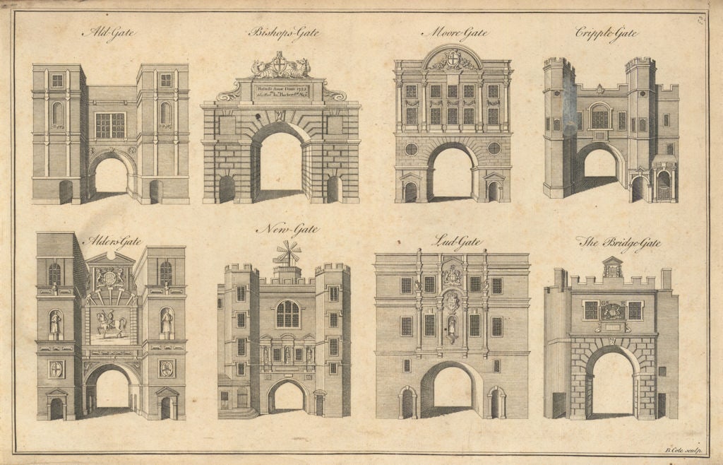 LONDON CITY GATES Aldgate Bishopsgate Moorgate Cripplegate Newgate Ludgate 1760 (1 of 1)