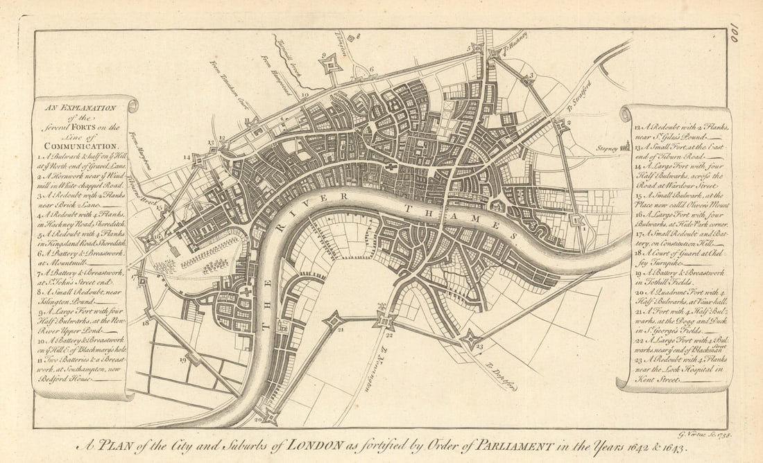 London as fortified by Order of Parliament in the Year 1642/3. VERTUE 1760 map: A Plan of the City and Suburbs of London as fortified by Order of Parliament in the Year 1642 & 1643.' by Vertue, George. Published 1760. Antique 18th century copperplate map. Size 23 x 37 cm | 9.