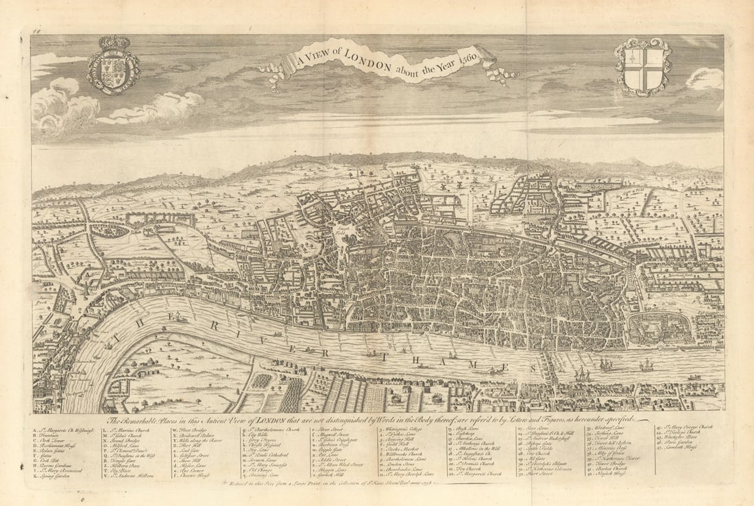 A View of London about the year 1560. Bird's eye view of Elizabethan London 1760: A View of London about the year 1560.'. From a large print in the collection Hans Sloane. Published 1760. Antique 18th century copperplate print. Size 34 x 51 cm | 13.5 x 20.0 inches. Condition: Good;