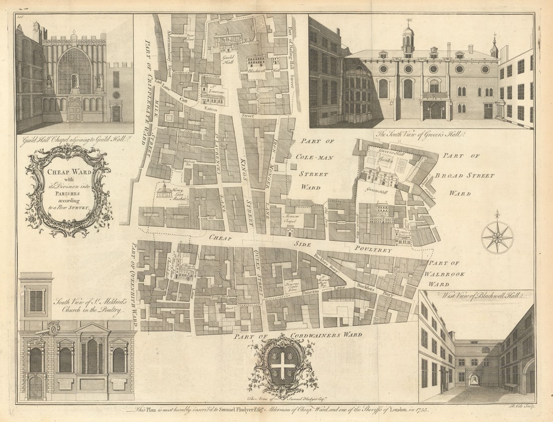 Cheap Ward with its divisions into parishes… City of London. COLE 1760 old map: Cheap Ward with its Divisions into Parishes according to a New Survey. 1755.' by Cole, Benjamin. Published 1760. Antique 18th century copperplate map. Size 38 x 50 cm | 15.0 x 19.5 inches. Condition: 