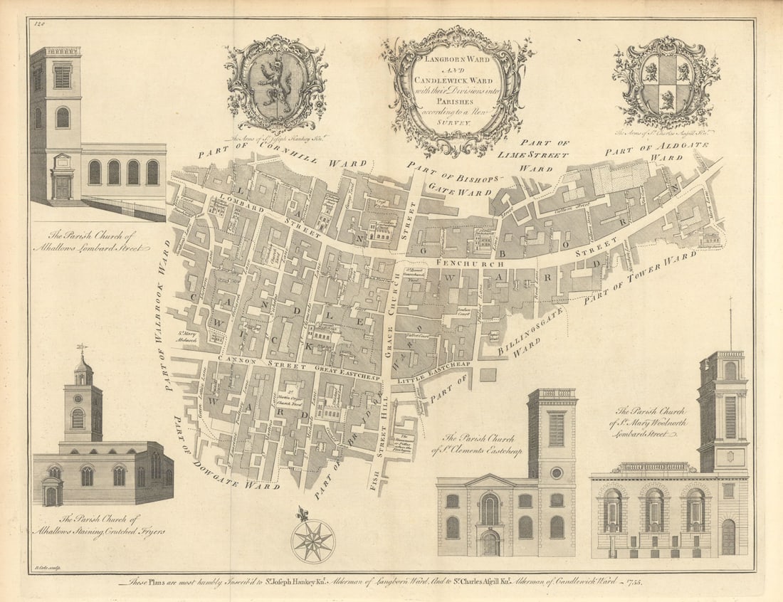Langborn Ward and Candlewick Ward… City of London. COLE 1760 old antique map: Langborn Ward and Candlewick Ward with their Divisions into Parishes according to a New Survey.' by Cole, Benjamin. Published 1760. Antique 18th century copperplate map. Size 38 x 50 cm | 15.0 x 19.5 