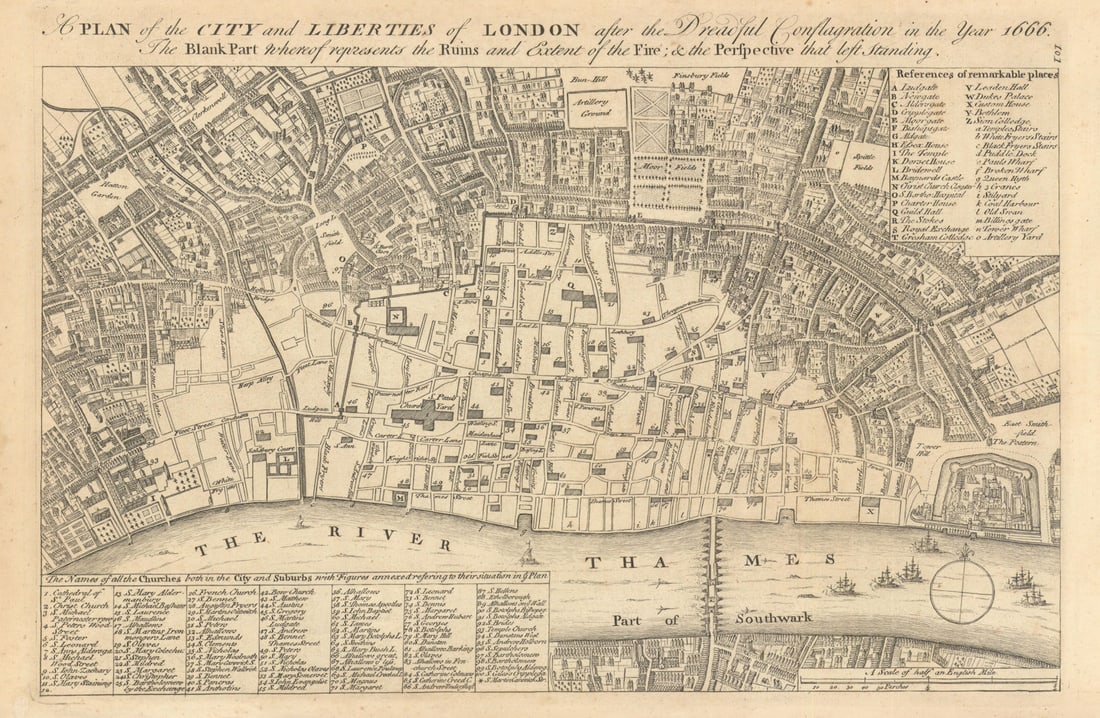 City & Liberties of London after the… Conflagration of 1666. BOWEN 1760 map: A Plan of the City and Liberties of London after the Dreadful Conflagration in the Year 1666.'. [Emanuel Bowen]. Published 1760. Antique 18th century copperplate map. Size 23 x 36 cm | 9.0 x 14.0 inch