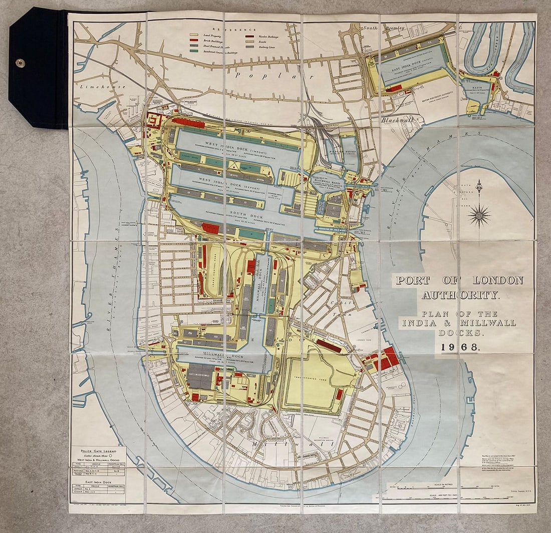 Port of London Authority plan of the India & Millwall Docks 68x62cm 1968 map: Port of London Authority plan of the India & Millwall Docks'. Port of London Authority. Based on the Ordnance Survey Maps. Published 1968. Vintage folding map, dissected and backed onto linen, wit