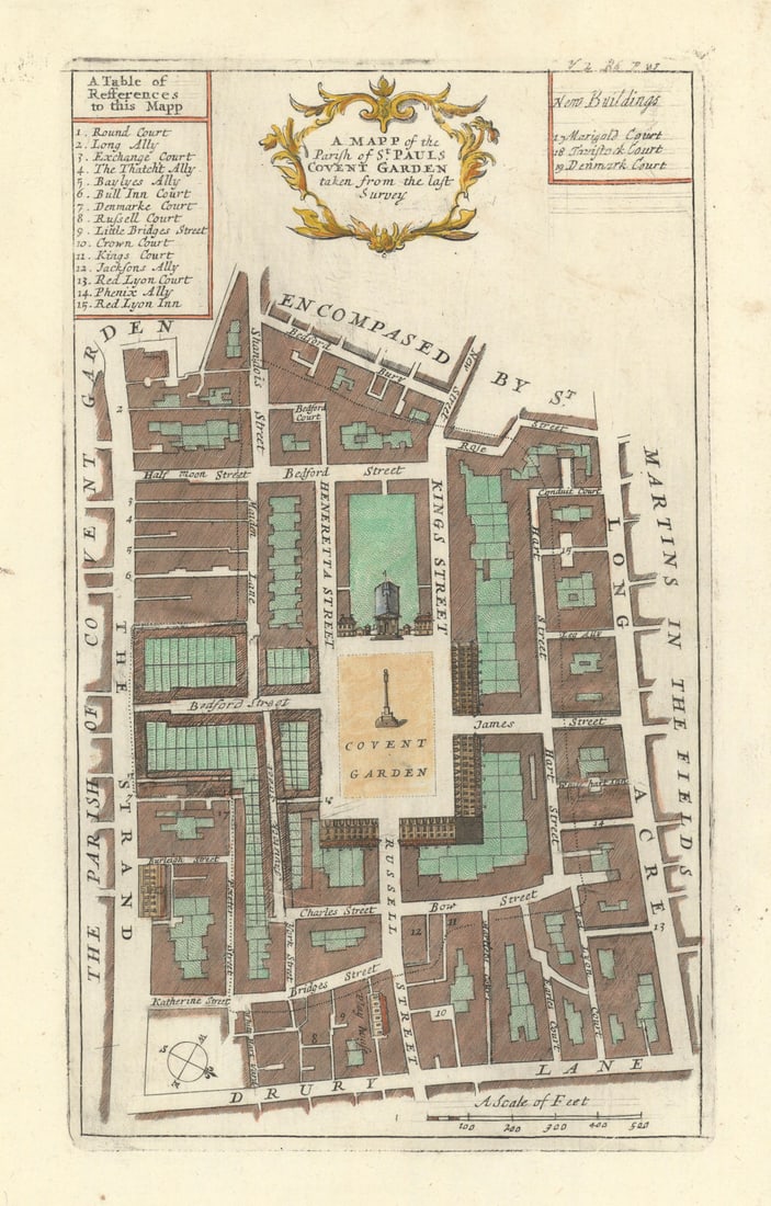 The parish of St Paul's, Covent Garden. Strand. Long Acre. STOW/STRYPE 1720 map: A mapp of the parish of St Paul's, Covent Garden'. The map shows Covent Garden, orientated towards the west. The site of Covent Garden market is in the centre. Drury Lane is at the bottom, Long Acre