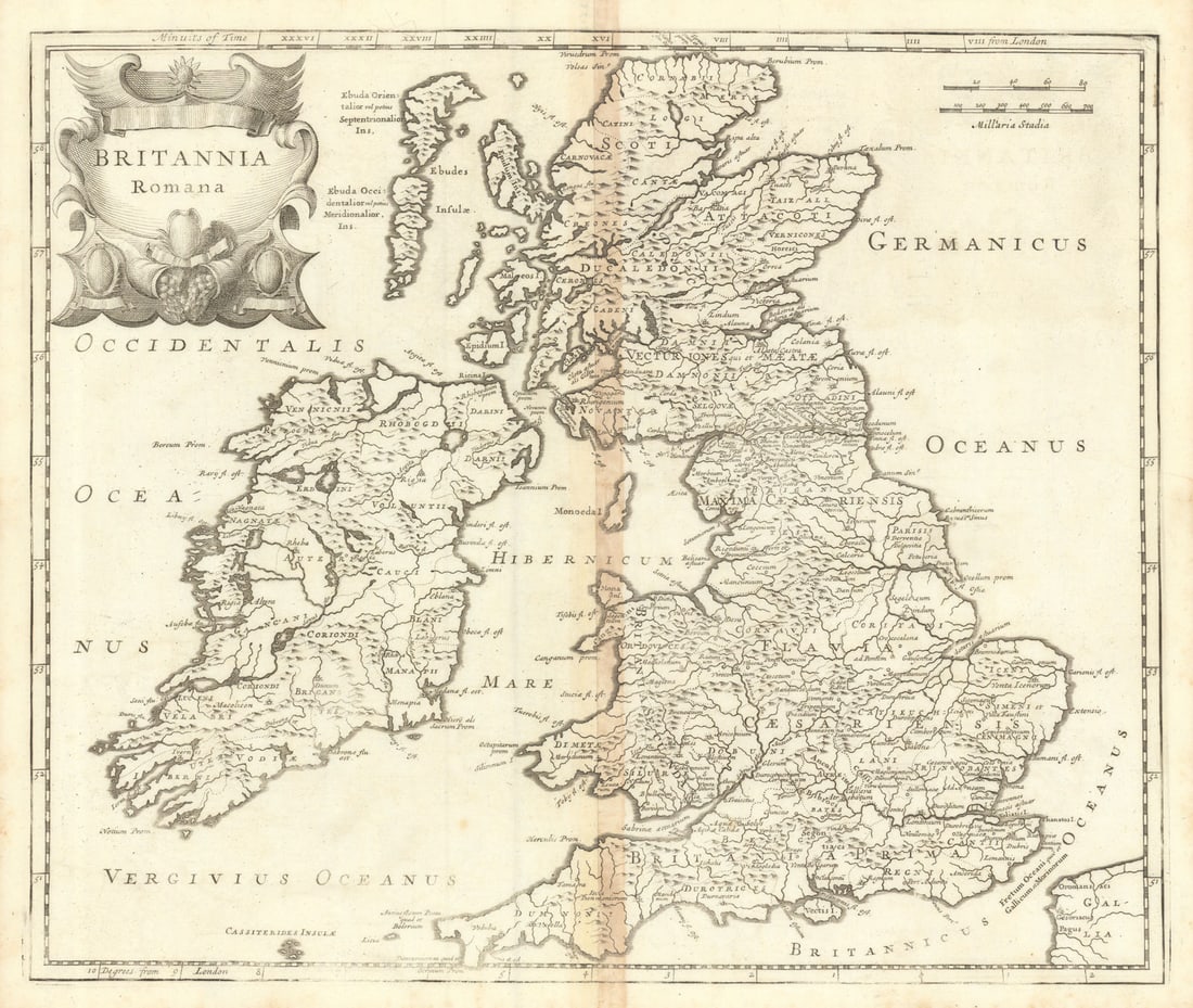 Roman Britain. 'BRITANNIA ROMANA' by ROBERT MORDEN. Camden's Britannia 1695 map: Britannia Romana' by Morden, Robert. Published 1695. Double page folio copperplate engraved map. Size 40 x 47 cm | 15.5 x 18.5 inches. Condition: Good; suitable for framing. Light toning along centref