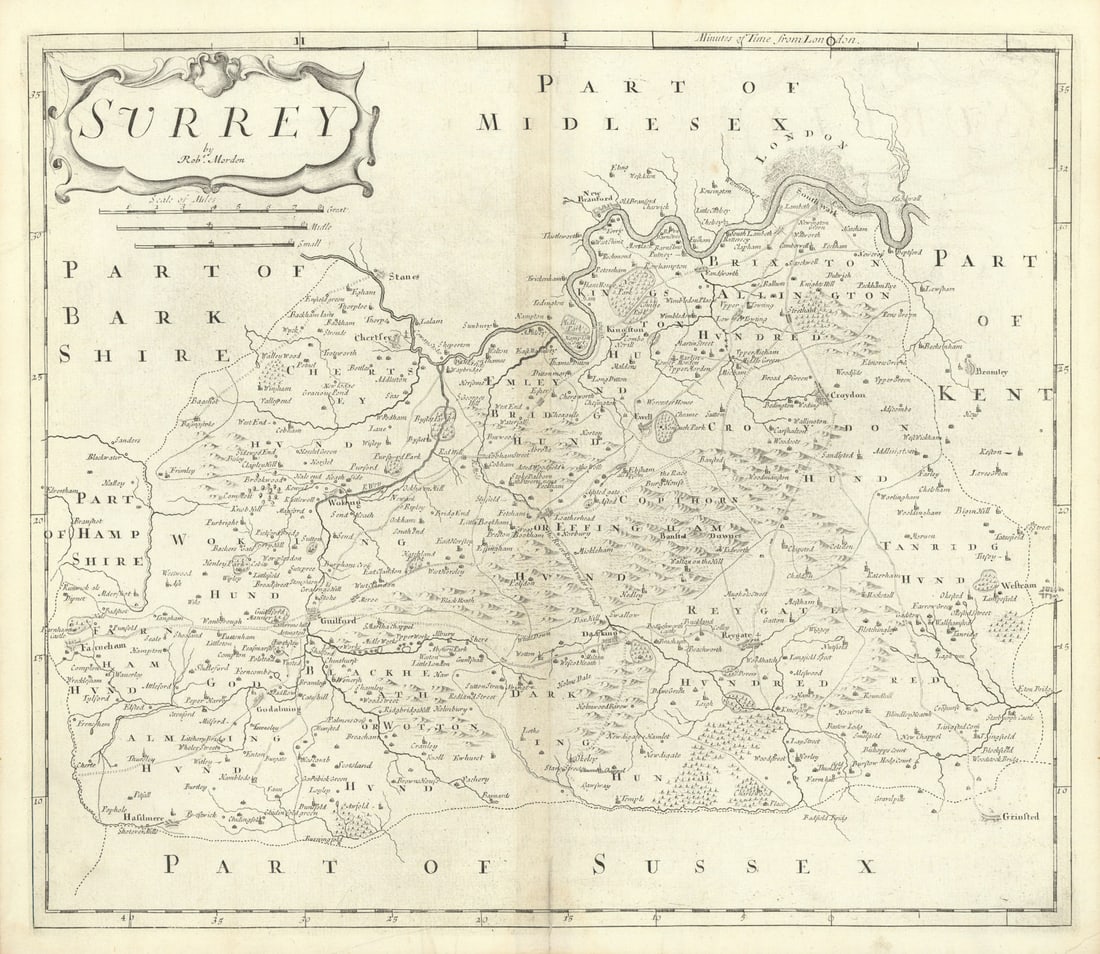 SURREY by ROBERT MORDEN from Camden's Britannia 1722 old antique map chart: Surrey' by Morden, Robert. Published 1722 - From Gibson's English version of Camden's Britannia, originally published in 1695; This print from the second 1722 edition. Double page folio copperplate en