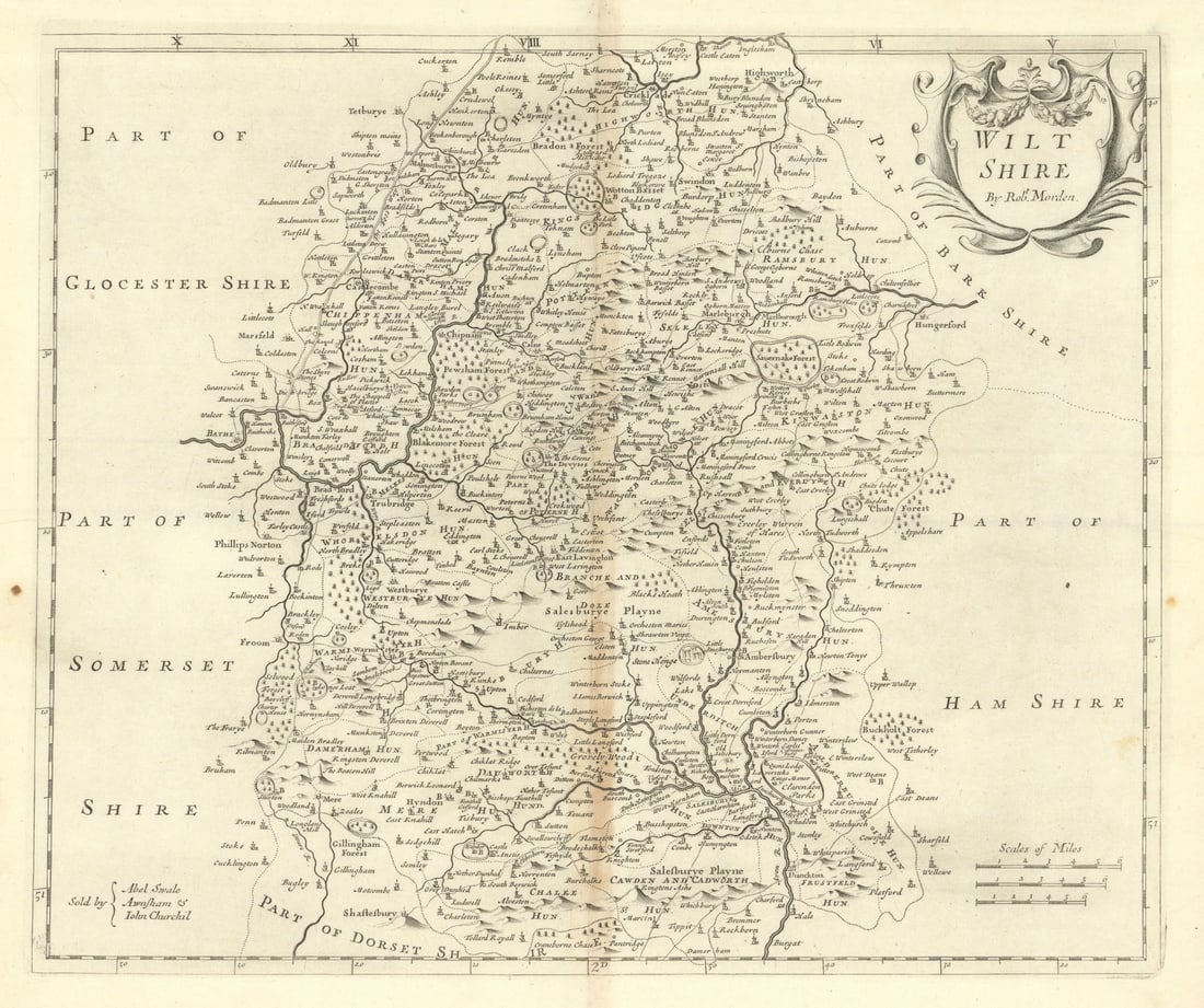 Wiltshire. 'WILT SHIRE' by ROBERT MORDEN from Camden's Britannia 1695 old map: Wiltshire'. Robert Morden; "Sold by Abel Swale Awnsham & Iohn Churchil [John Churchill]".. Published 1695. Double page folio copperplate engraved map. Size 38 x 43 cm | 15.0 x 17.0 inches. Condition: 