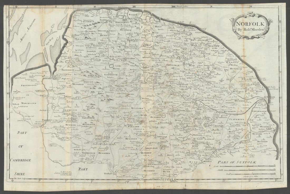 Norfolk by ROBERT MORDEN from Camden's Britannia 1722 old antique map chart: Norfolk'. Robert Morden; "Sold by Abel Swale Awnsham & Iohn Churchill [John Churchill]".. Published 1722 - From Gibson's English version of Camden's Britannia, originally published in 1695; This print