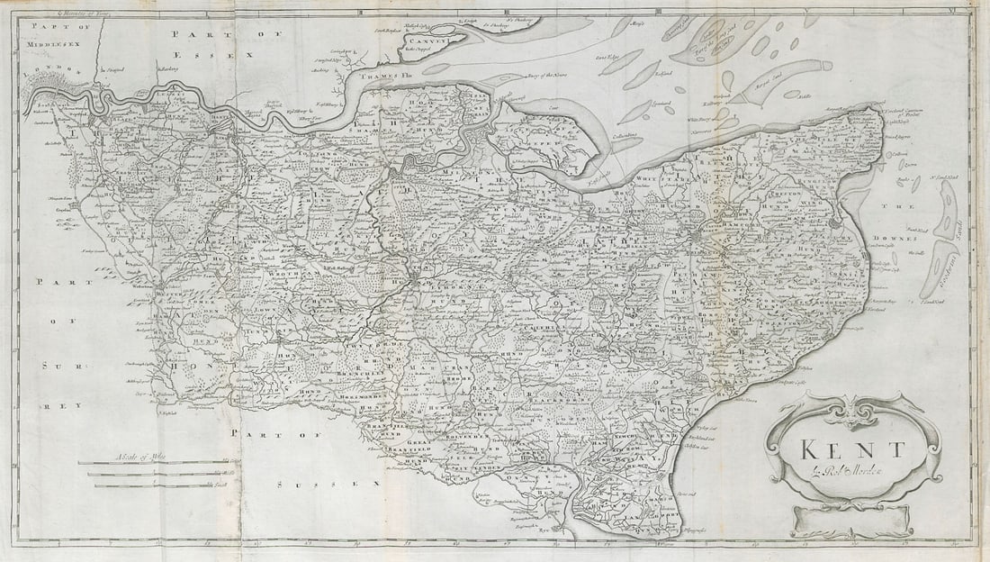 Kent by ROBERT MORDEN from Camden's Britannia 1722 old antique map plan chart: Kent' by Morden, Robert. Published 1722 - From Gibson's English version of Camden's Britannia, originally published in 1695; This print from the second 1722 edition. Double page folio copperplate engr