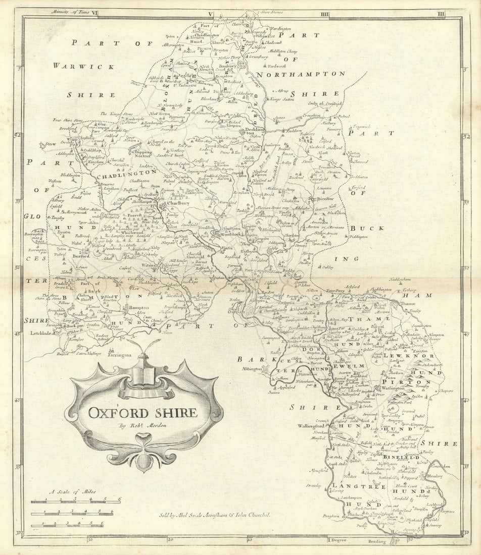 Oxfordshire. 'OXFORD SHIRE' by ROBERT MORDEN from Camden's Britannia 1722 map: Oxfordshire'. Robert Morden; "Sold by Abel Swale Awnsham & Iohn Churchil [John Churchill]".. Published 1722 - From Gibson's English version of Camden's Britannia, originally published in 1695; This pr