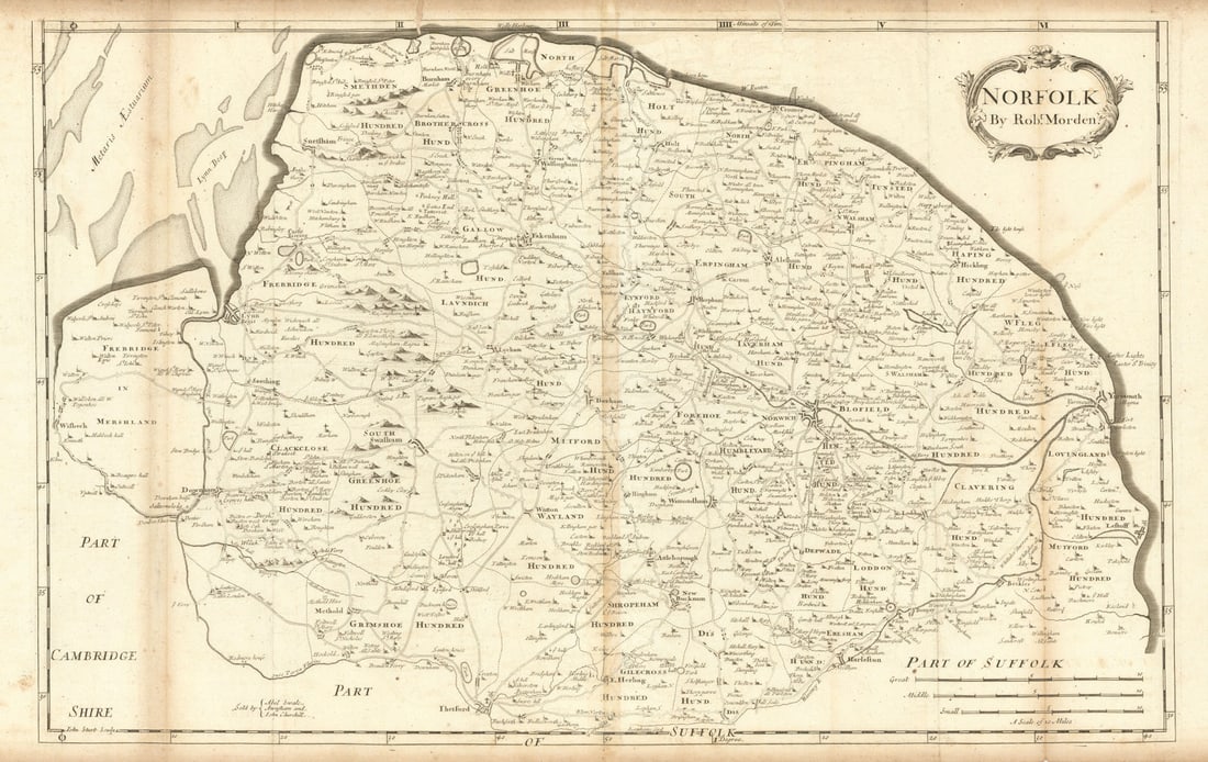 Norfolk by ROBERT MORDEN from Camden's Britannia 1695 old antique map chart: Norfolk'. Robert Morden; "Sold by Abel Swale Awnsham & Iohn Churchill [John Churchill]".. Published 1695. Double page folio copperplate engraved map. Size 41 x 63 cm | 16.0 x 24.5 inches. Condition: F