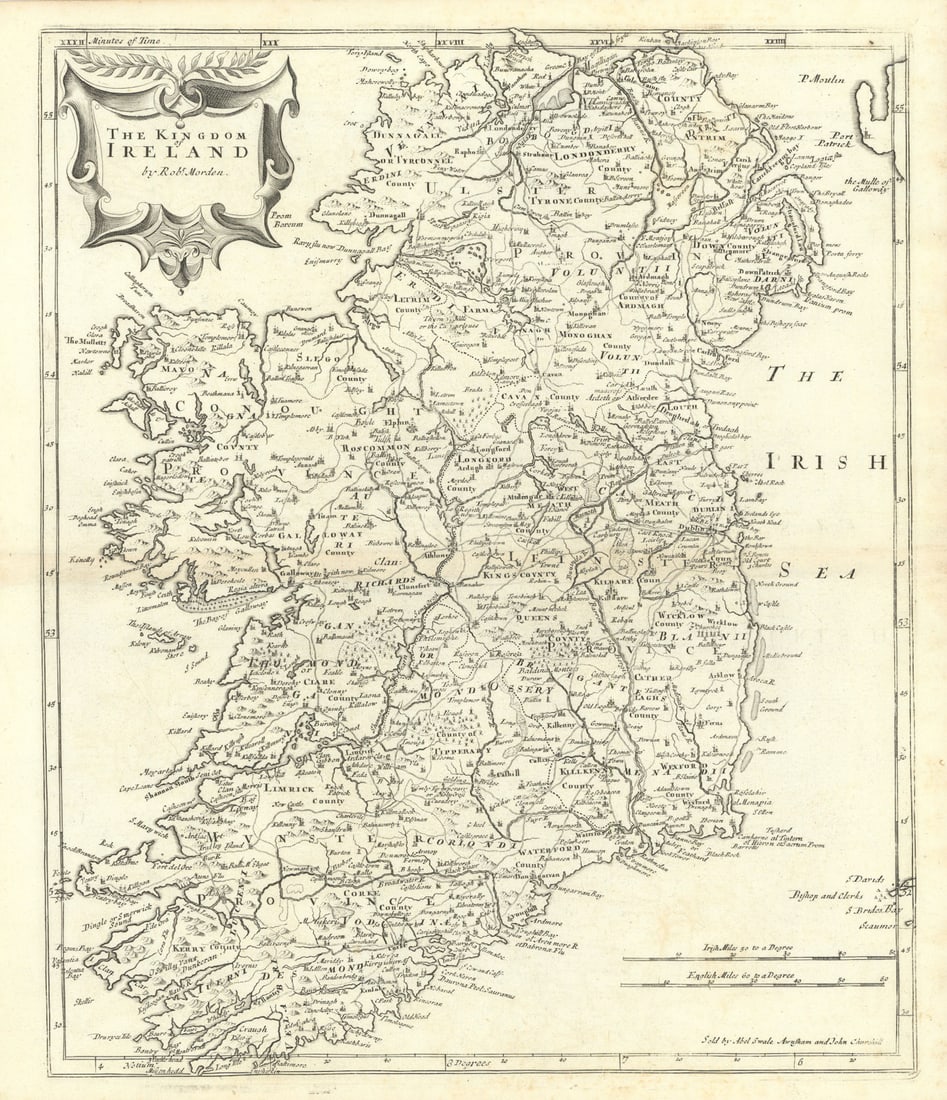 THE KINGDOM OF IRELAND by ROBERT MORDEN from Camden's Britannia 1722 old map: The Kingdom of Ireland'. Robert Morden; "Sold by Abel Swale Awnsham & Iohn Churchill [John Churchill]".. Published 1722 - From Gibson's English version of Camden's Britannia, originally published in 1
