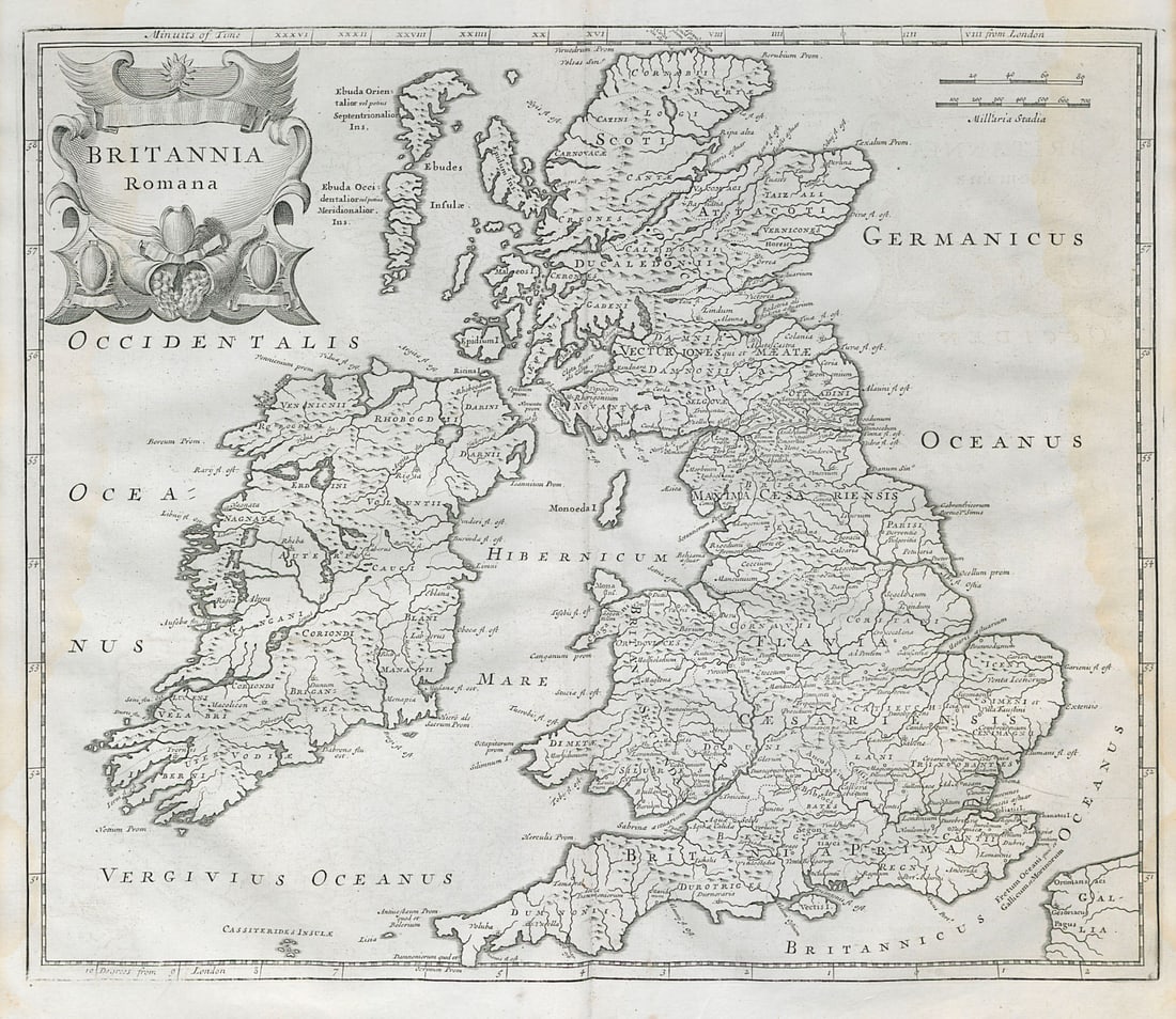 Roman Britain. 'BRITANNIA ROMANA' by ROBERT MORDEN. Camden's Britannia 1722 map: Britannia Romana' by Morden, Robert. Published 1722 - From Gibson's English version of Camden's Britannia, originally published in 1695; This print from the second 1722 edition. Double page folio copp
