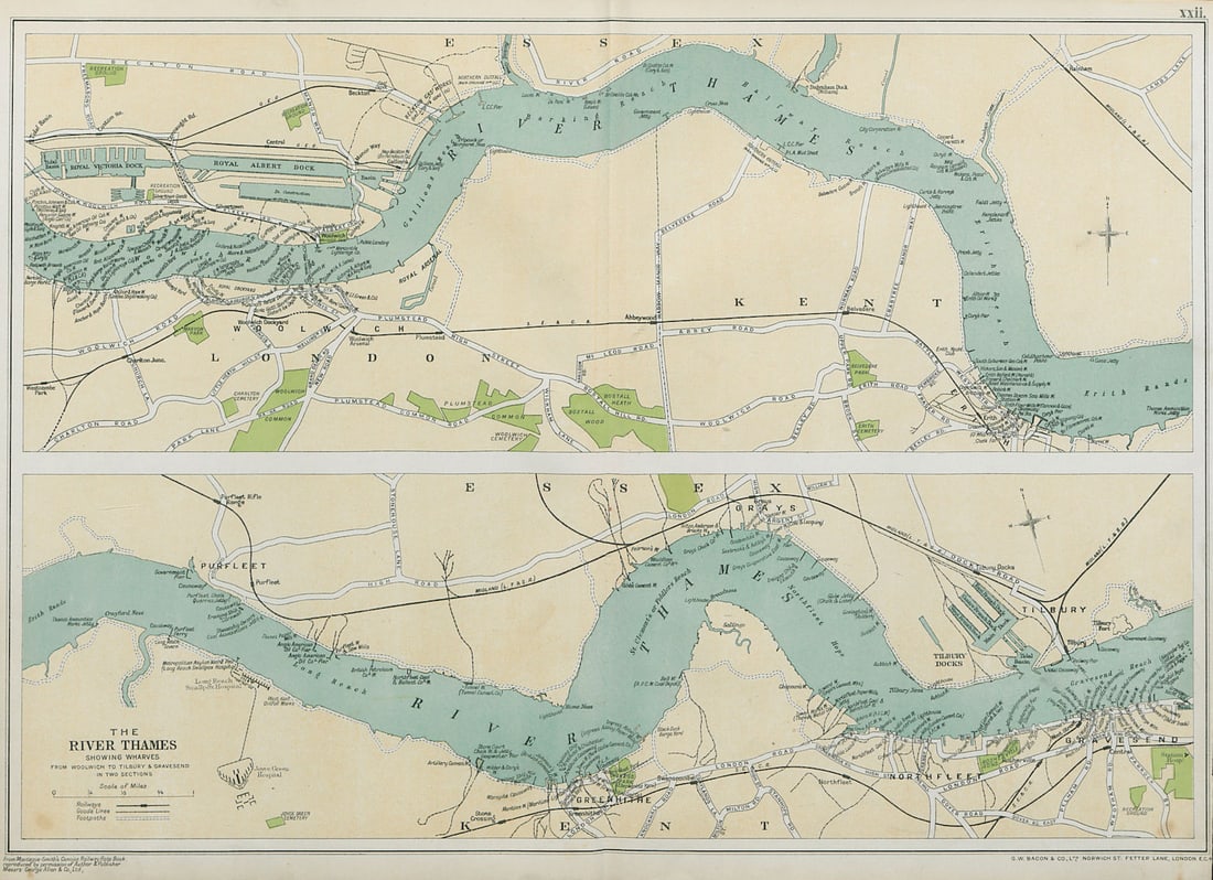 PORT OF LONDON. Wharves/docks. Thames Woolwich-Tilbury/Gravesend. BACON 1920 map: The River Thames Showing Wharves from Woolwich to Tilbury & Gravesend in two sections' by Bacon, George Washington & Co. Published 1920. Vintage colour lithographic map. Size 34 x 48 cm | 13.5 x 1