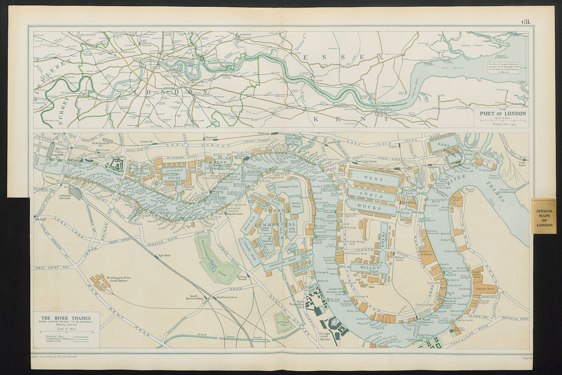 THE PORT OF LONDON showing wharves & docks. Thames. Vintage map. BACON 1913: The Port of London // The River Thames from London Bridge to Blackwall showing wharves'. By 1800 London was the world's largest port. Shipping was handled entirely within the "Pool of London" between 