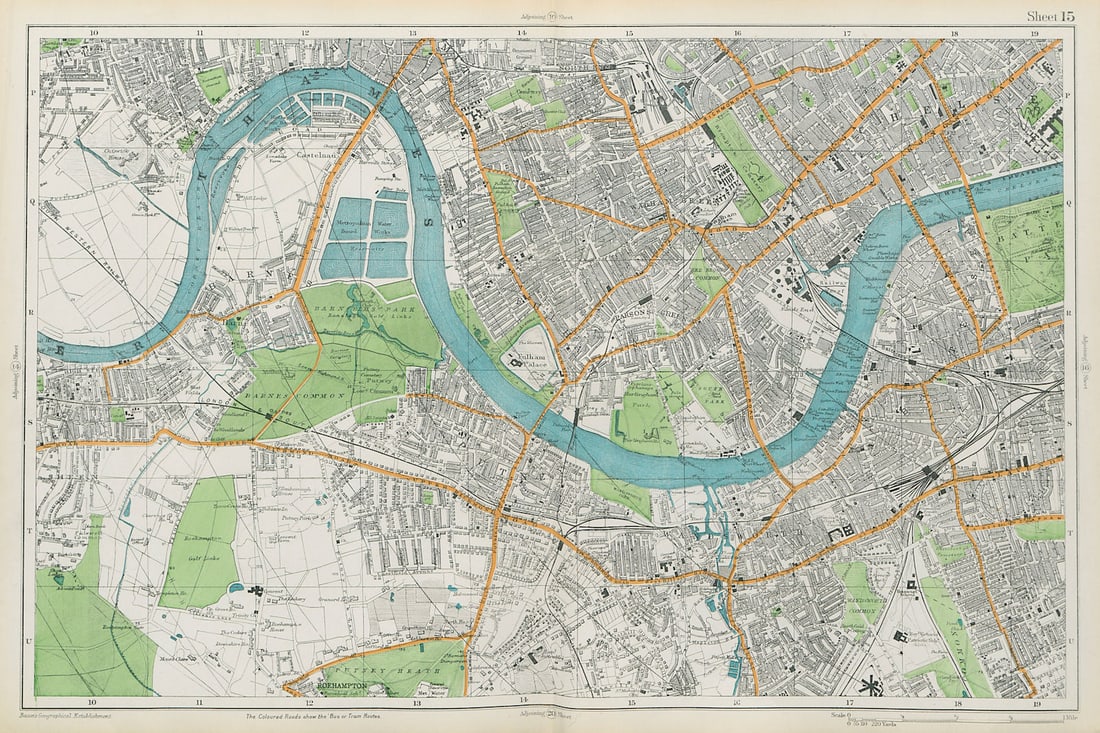 LONDON Chiswick Barnes Fulham Chelsea Putney Wandsworth Clapham. BACON 1913 map (1 of 1)