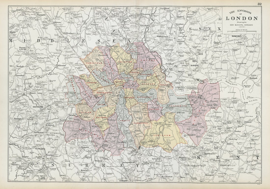 GREATER LONDON ENVIRONS. Showing new Municipal Boroughs. BACON 1906 old map: The Environs of London showing the new municipal boroughs' by Bacon, George Washington & Co. Published 1906. Antique colour atlas map. Size 36 x 54 cm | 14.0 x 21.0 inches. Condition: Good; suitable f