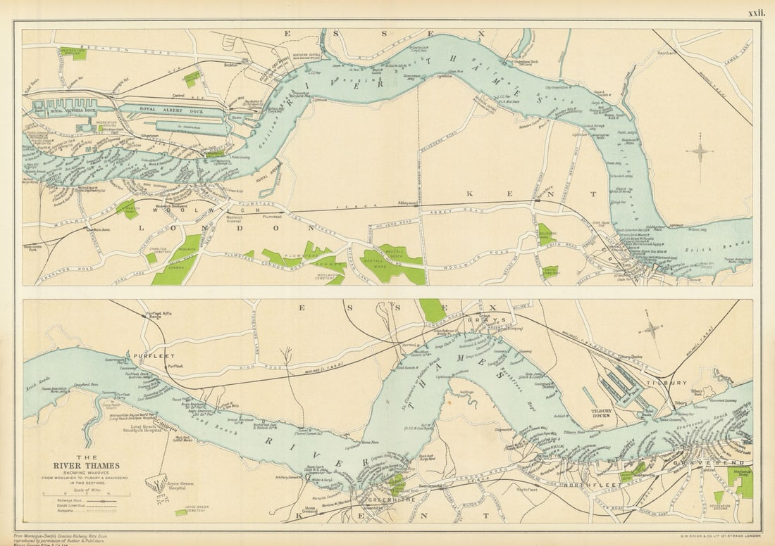 PORT OF LONDON. Wharves/docks. Thames Woolwich-Tilbury/Gravesend. BACON 1913 map: The River Thames Showing Wharves from Woolwich to Tilbury & Gravesend in two sections' by Bacon, George Washington & Co. Published 1913. Vintage colour lithographic map. Size 34 x 49 cm | 13.5 x 1