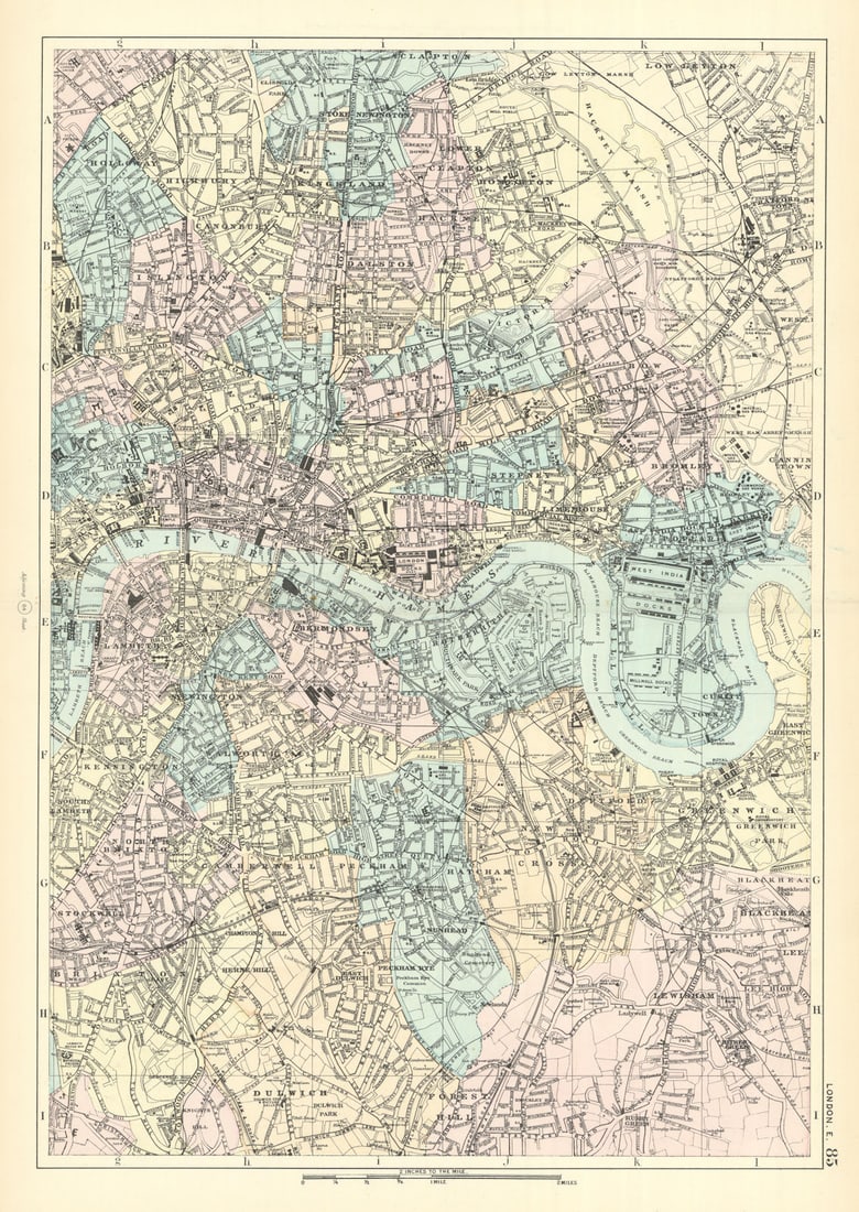 EAST LONDON Tower Hamlets Southwark Lewisham Hackney City plan BACON 1891 map (1 of 1)