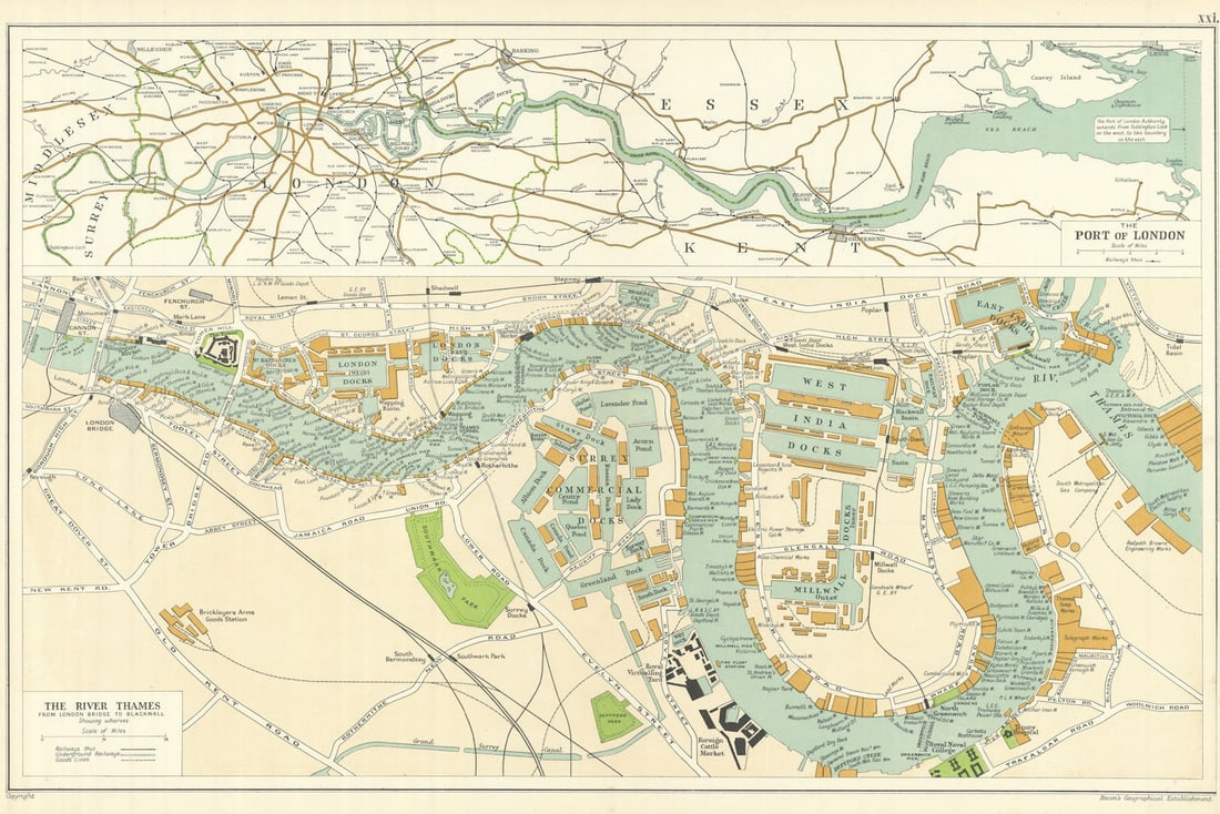 THE PORT OF LONDON showing wharves & docks. Thames. Vintage map. BACON 1919: The Port of London//The River Thames from London Bridge to Blackwall'. By 1800 London was the world's largest port. Shipping was handled entirely within the "Pool of London" between London Bridge &