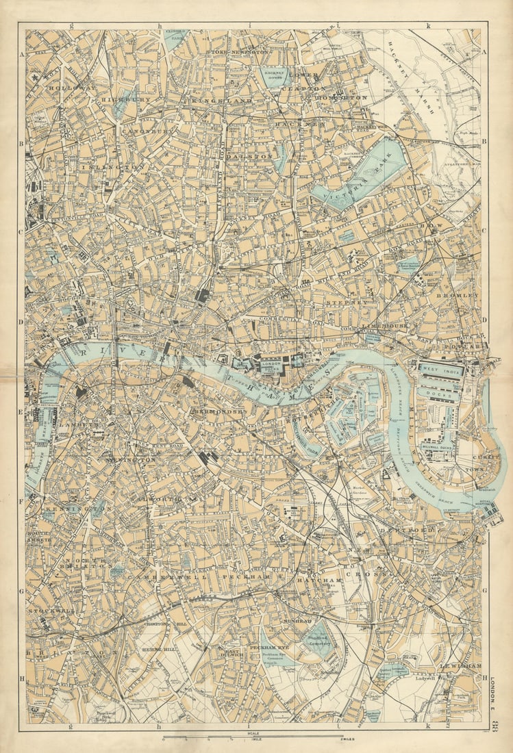 EAST LONDON Tower Hamlets Southwark Lewisham Hackney City plan BACON 1898 map (1 of 1)