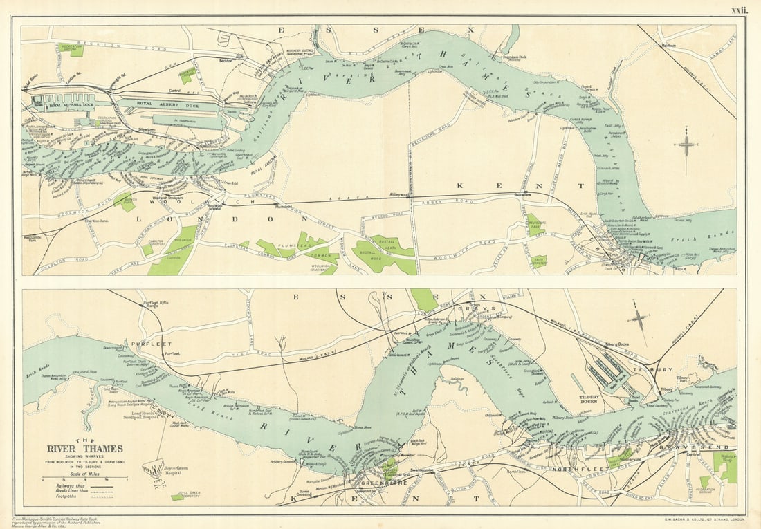 PORT OF LONDON. Wharves/docks. Thames Woolwich-Tilbury/Gravesend. BACON 1919 map: The River Thames Showing Wharves from Woolwich to Tilbury & Gravesend in two sections' by Bacon, George Washington & Co. Published 1919. Vintage colour lithographic map. Size 34 x 48 cm | 13.5 x 1