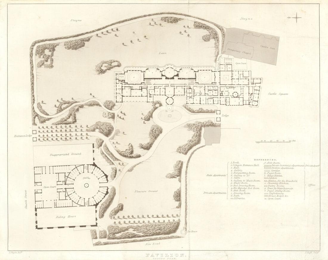 Brighton Royal Pavilion - Ground Plan by John Nash / Augustus Pugin 1826 map: Pavilion - Ground Plan - John Nash Esq.'. Shortly before his accession as George IV in 1820, the then Prince Regent commissioned John Nash to publish a deluxe guide to the Brighton Royal Pavilion, the