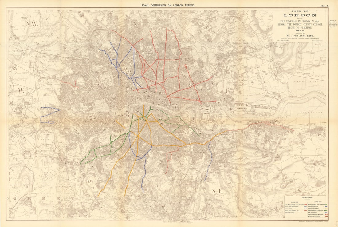 London tramways in 1896 before London County Council began purchases 1906 map: Royal Commission on London Traffic. Plan of London showing the tramways in London in 1896 before the London County Council began to purchase - Map A - Handed in by Mr. J. Williams Benn, Chairman of th