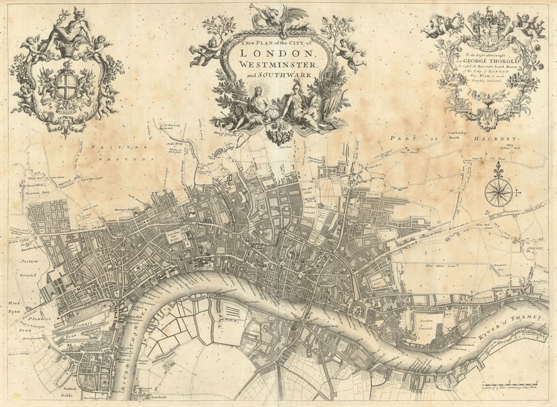 New Plan of the City of London, Westminster & Southwark '. STOW/STRYPE 1720 map: A New Plan of the City of London, Westminster and Southwark'. This fabulous map shows the extent of London at the time of publication. Old London bridge, many of the City Churches, palaces and other i